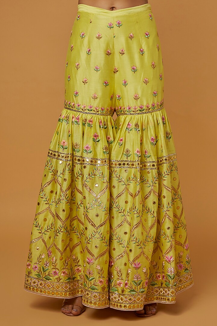 Bright Yellow Chanderi Silk Resham Embroidered Gharara Set by Tamanna Punjabi Kapoor at Pernia's Pop Up Shop
