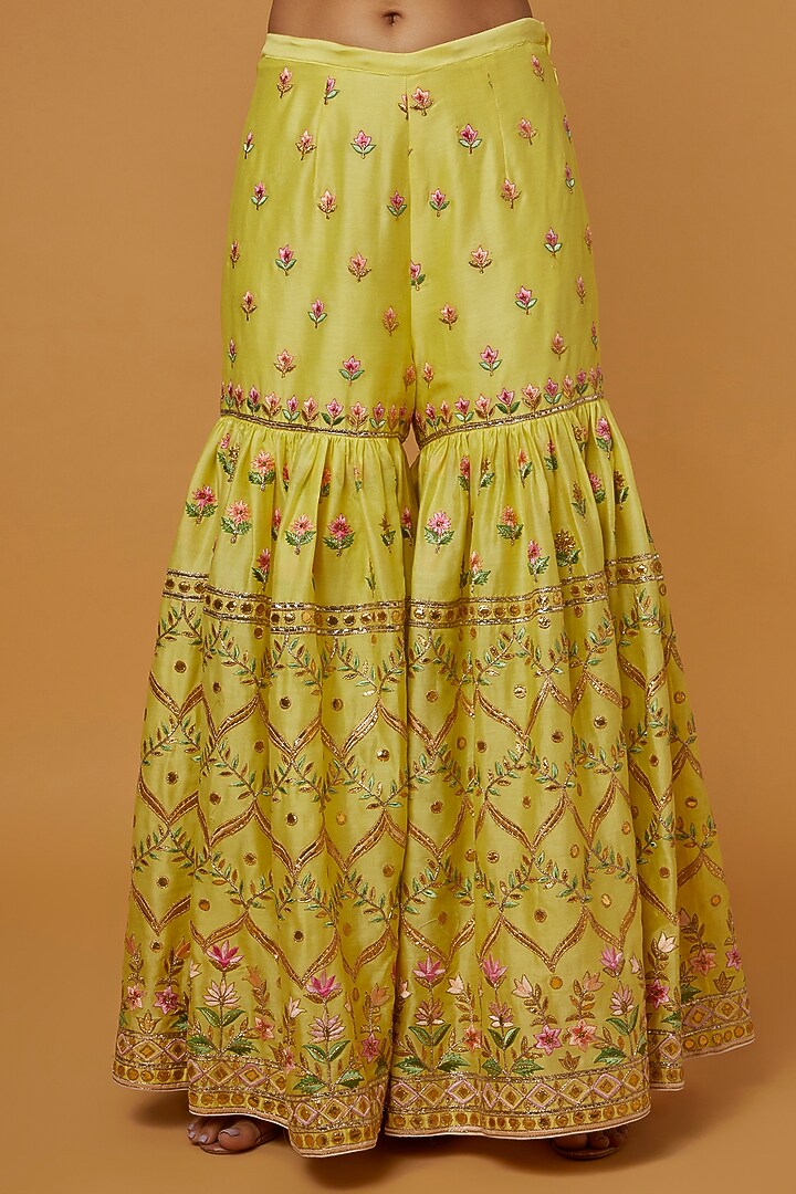 Bright Yellow Chanderi Silk Resham Embroidered Gharara Set by Tamanna Punjabi Kapoor at Pernia's Pop Up Shop