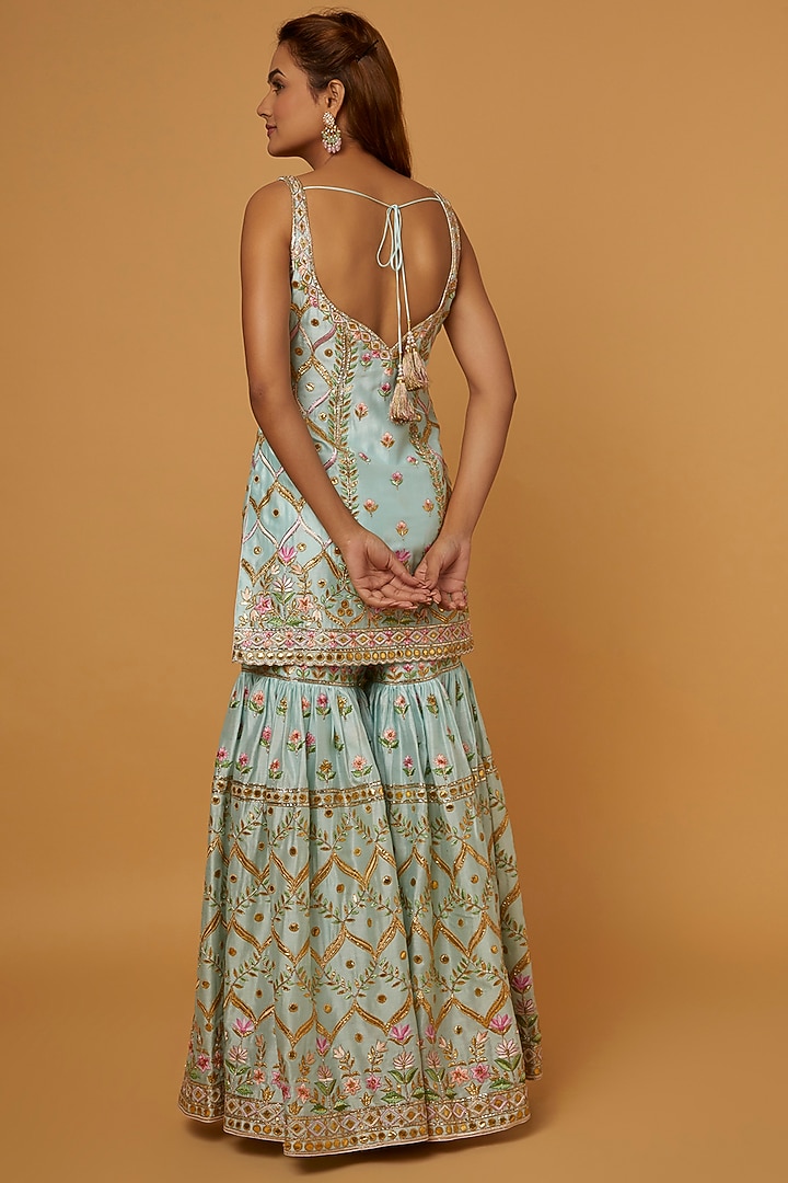 Light Blue Chanderi Silk Resham Embroidered Gharara Set by Tamanna Punjabi Kapoor at Pernia's Pop Up Shop