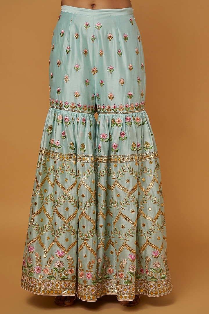 Light Blue Chanderi Silk Resham Embroidered Gharara Set by Tamanna Punjabi Kapoor at Pernia's Pop Up Shop