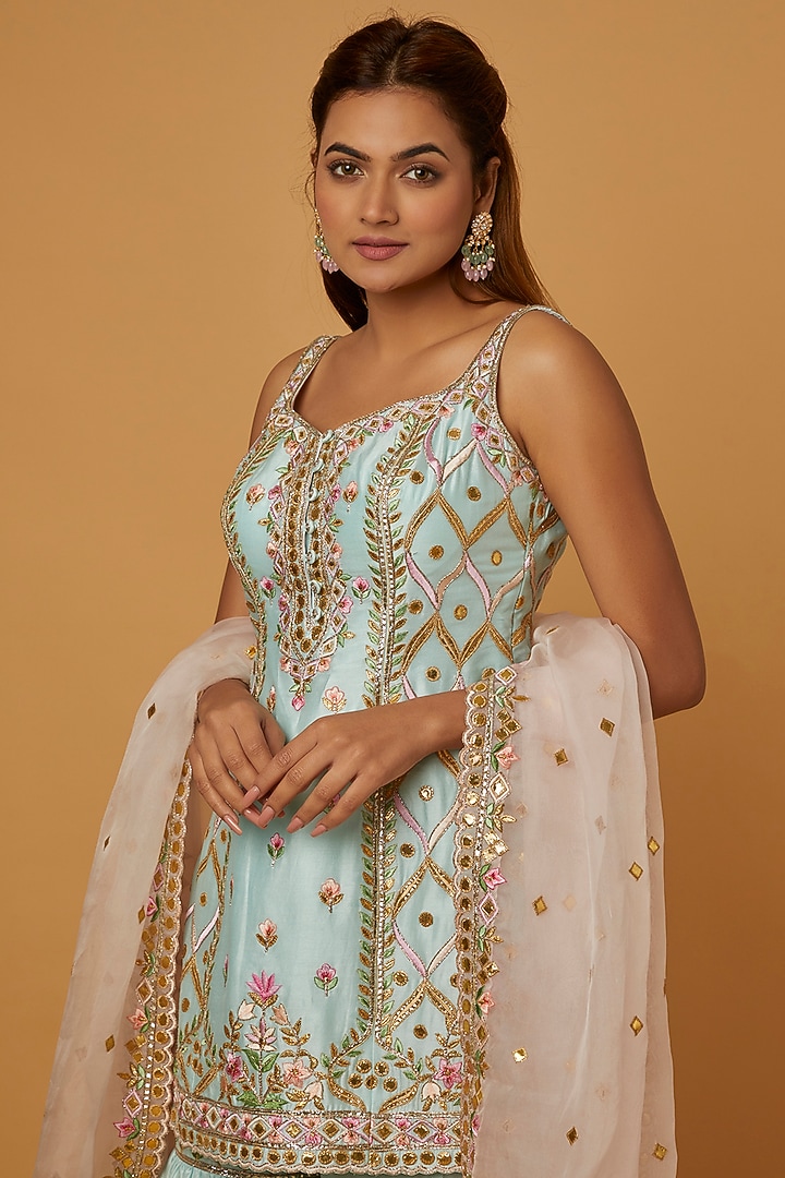 Light Blue Chanderi Silk Resham Embroidered Gharara Set by Tamanna Punjabi Kapoor at Pernia's Pop Up Shop
