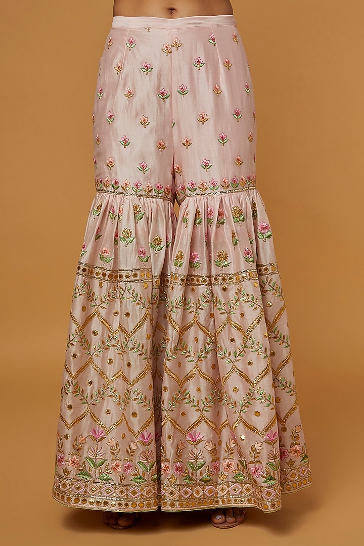 Blush Pink Chanderi Silk Resham Embroidered Gharara Set by Tamanna Punjabi Kapoor at Pernia's Pop Up Shop