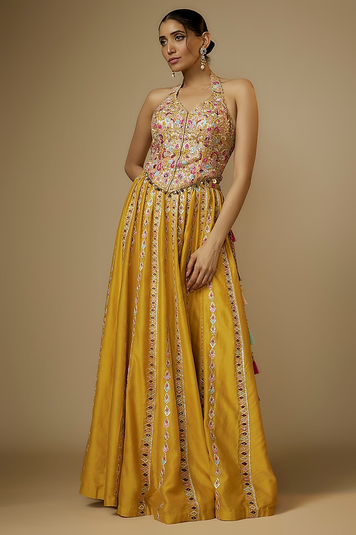 Mustard Chanderi Gota & Dori Embroidered Pleated Skirt Set by Tamanna Punjabi Kapoor