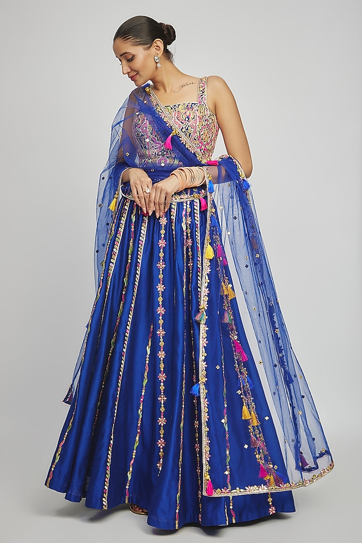 Royal Blue Chanderi Gota & Resham Embroidered Pleated Lehenga Set by Tamanna Punjabi Kapoor