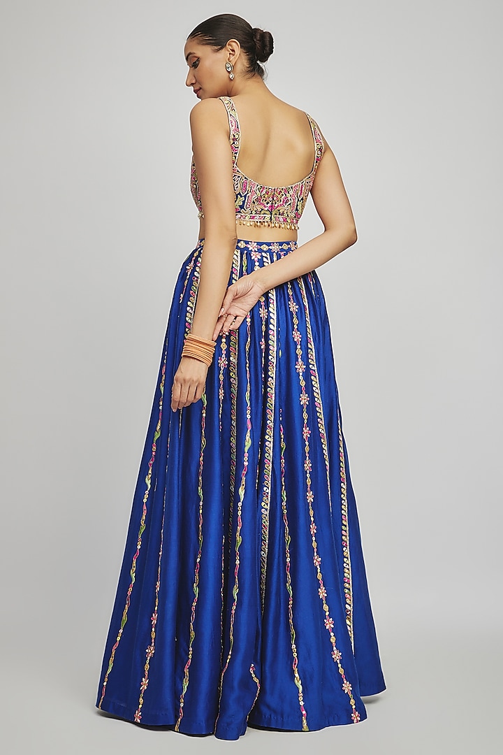 Royal Blue Chanderi Gota & Resham Embroidered Pleated Wedding Lehenga Set by Tamanna Punjabi Kapoor at Pernia's Pop Up Shop