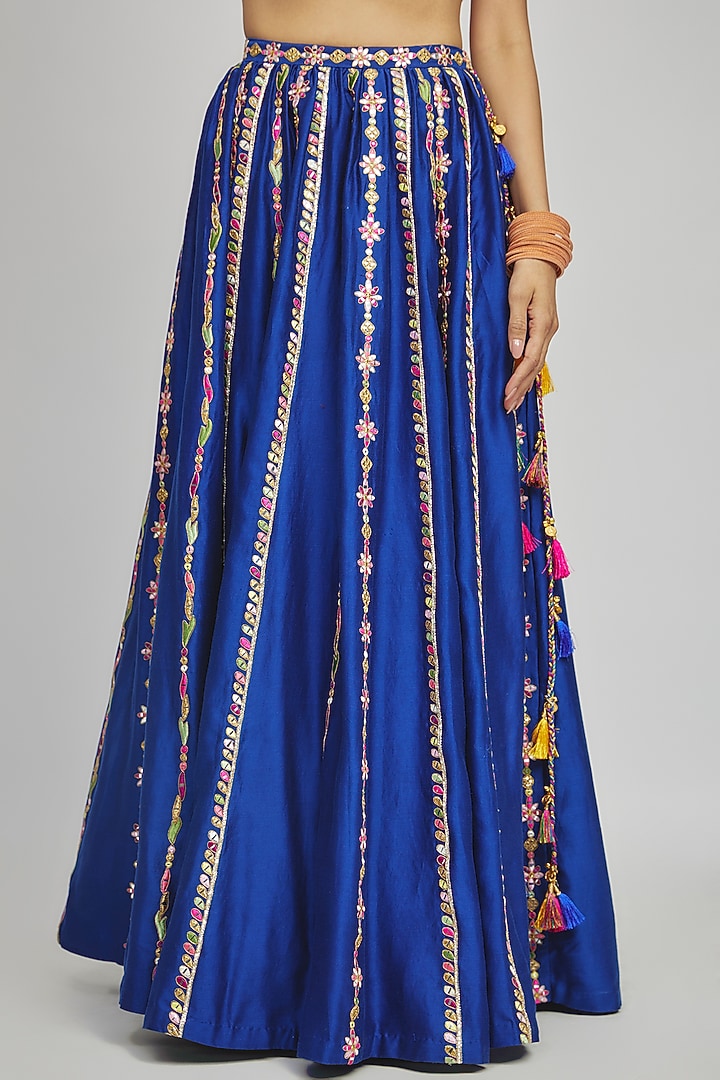 Royal Blue Chanderi Gota & Resham Embroidered Pleated Wedding Lehenga Set by Tamanna Punjabi Kapoor at Pernia's Pop Up Shop