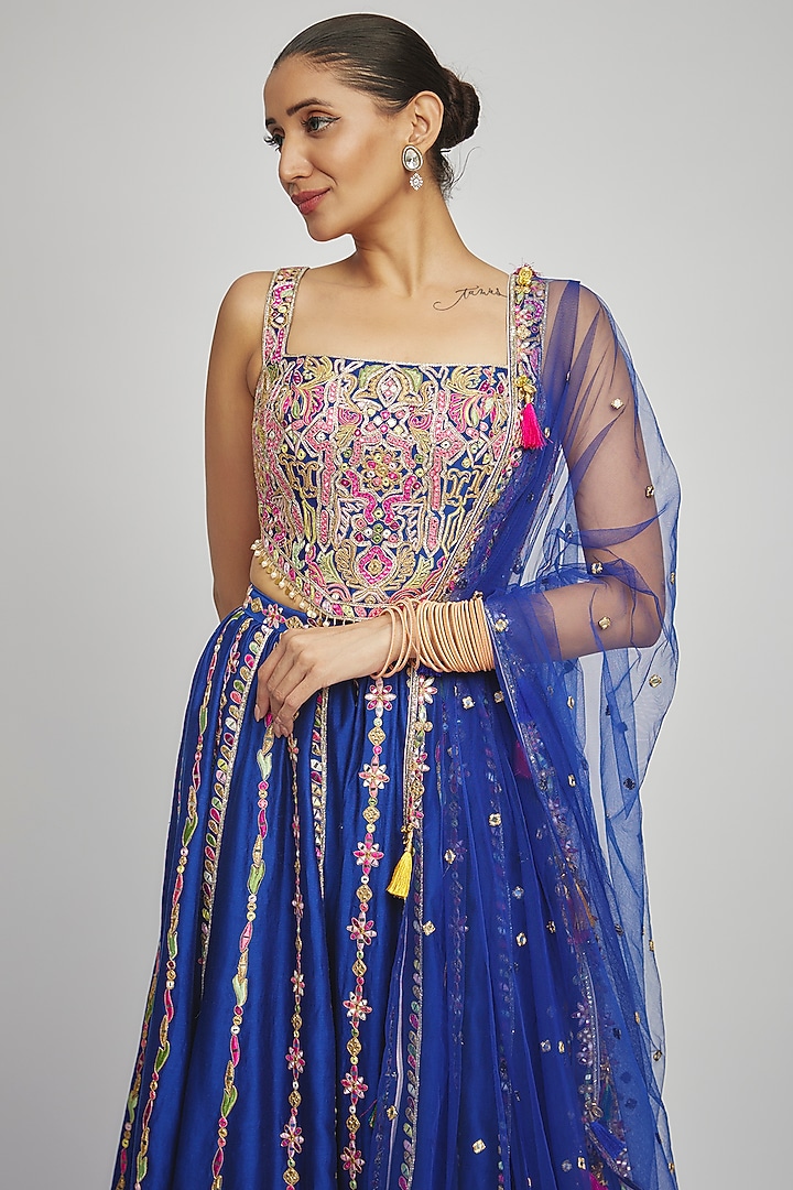 Royal Blue Chanderi Gota & Resham Embroidered Pleated Wedding Lehenga Set by Tamanna Punjabi Kapoor at Pernia's Pop Up Shop