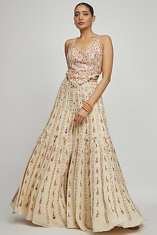 Ivory Georgette Gota & Resham Embroidered High-Waisted Sharara Set by Tamanna Punjabi Kapoor