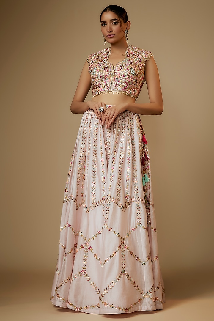 Ivory Georgette Gota & Resham Embroidered High-Waist Sharara Set by Tamanna Punjabi Kapoor