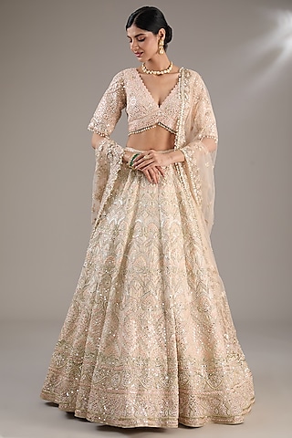 Peach Raw Silk Resham Embroidered Lehenga Set by Tamanna Punjabi Kapoor