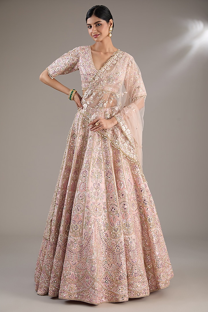 Pink Raw Silk Resham Embroidered Lehenga Set by Tamanna Punjabi Kapoor