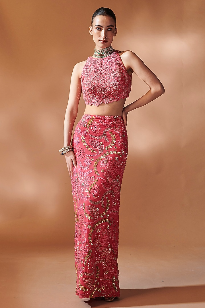 Pink Georgette Mirror Embroidered Skirt Set by Tamanna Punjabi Kapoor at Pernia's Pop Up Shop