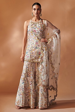 Ivory Georgette Gota Embroidered Sharara Set by Tamanna Punjabi Kapoor