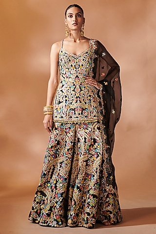 Black Georgette Gota Embroidered Sharara Set by Tamanna Punjabi Kapoor