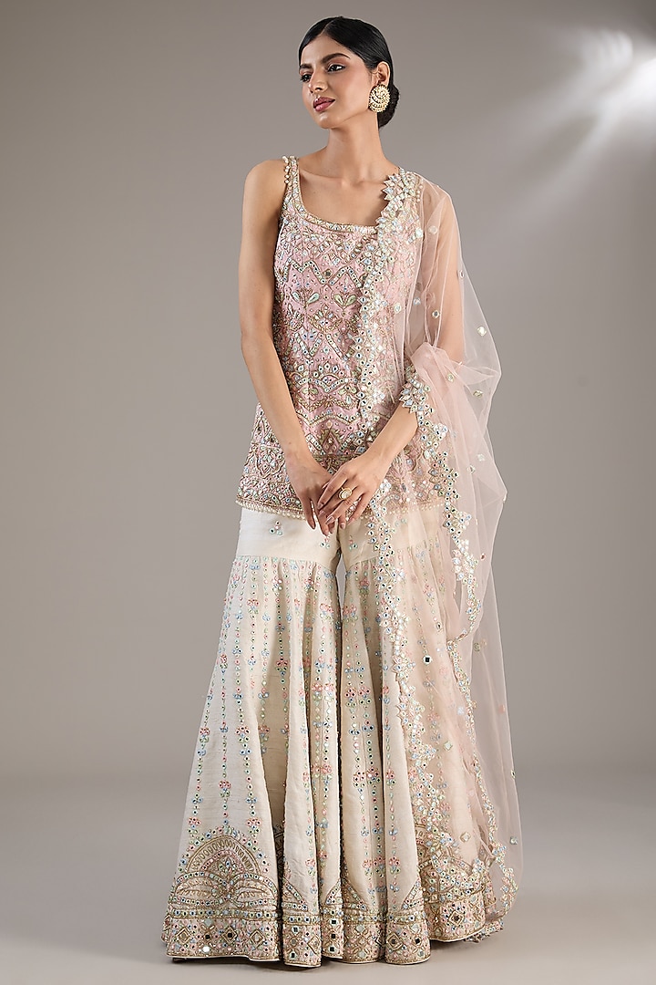 Pink Raw Silk Resham Embroidered Sharara Set by Tamanna Punjabi Kapoor