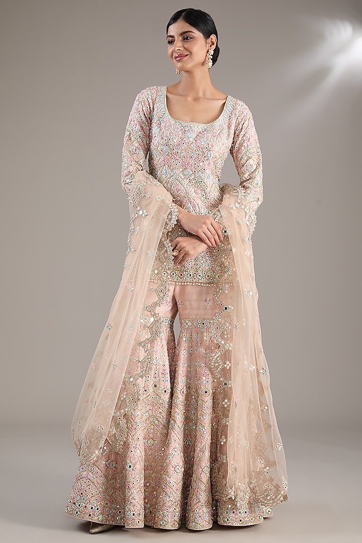 Pink Raw Silk Resham Embroidered Sharara Set by Tamanna Punjabi Kapoor