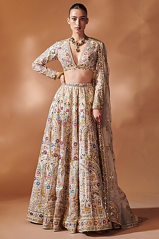 Ivory Chanderi Sequins Embroidered Lehenga Set by Tamanna Punjabi Kapoor