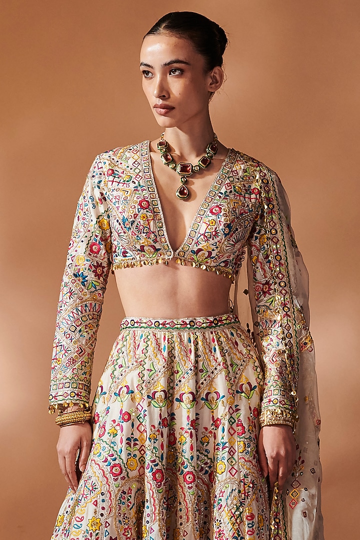 Ivory Chanderi Sequins Embroidered Bridal Lehenga Set by Tamanna Punjabi Kapoor at Pernia's Pop Up Shop