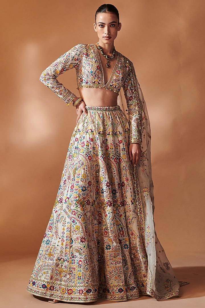 Ivory Chanderi Sequins Embroidered Bridal Lehenga Set by Tamanna Punjabi Kapoor at Pernia's Pop Up Shop