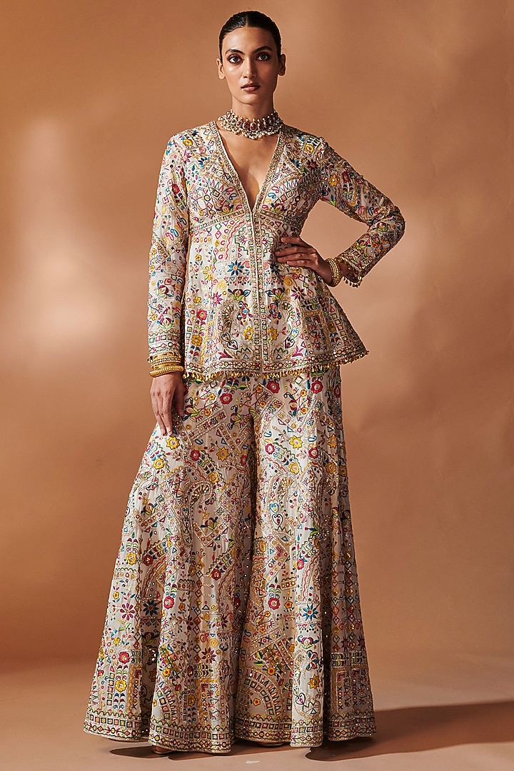 Ivory Georgette Resham Embroidered Bridal Sharara Set by Tamanna Punjabi Kapoor at Pernia's Pop Up Shop