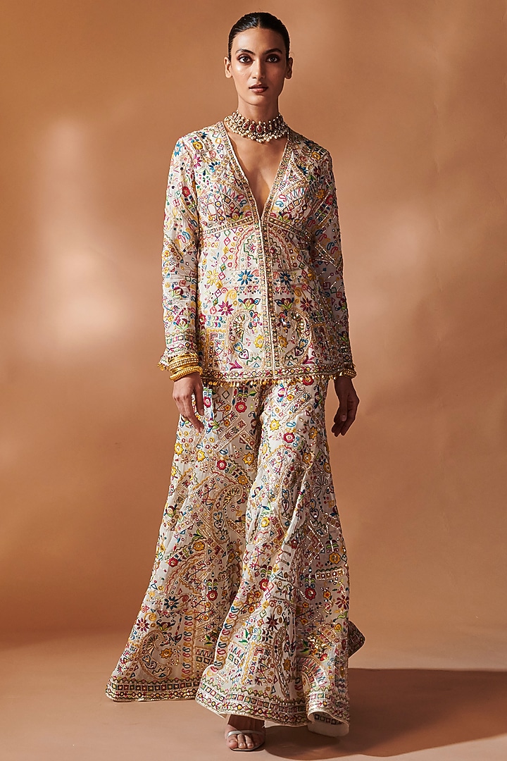 Ivory Georgette Resham Embroidered Bridal Sharara Set by Tamanna Punjabi Kapoor at Pernia's Pop Up Shop