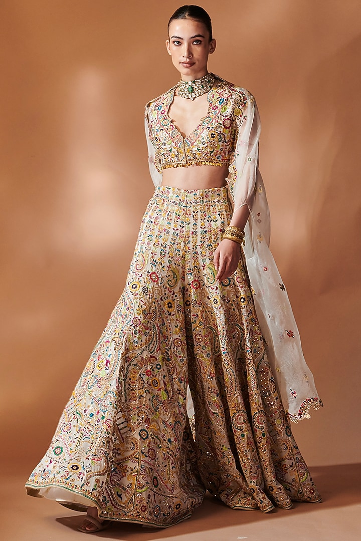 Ivory Georgette Resham Embroidered Cape Set by Tamanna Punjabi Kapoor at Pernia's Pop Up Shop