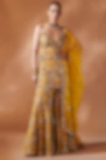 Mustard Georgette Resham Embroidered Bridal Sharara Set by Tamanna Punjabi Kapoor at Pernia's Pop Up Shop