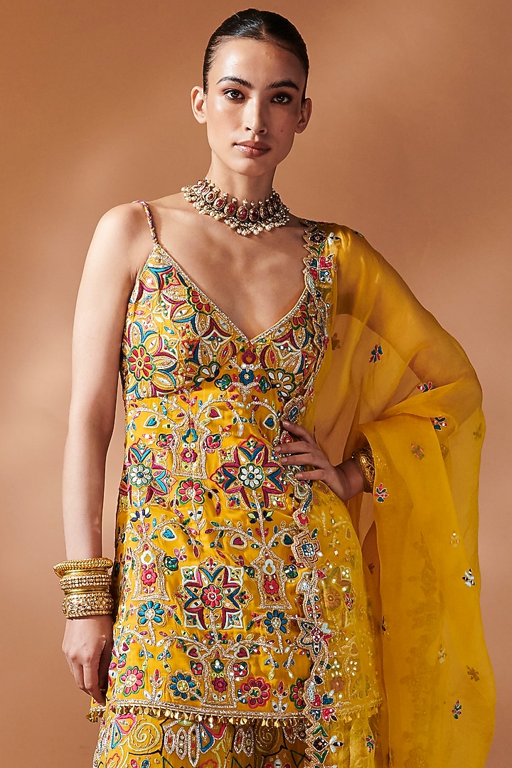 Mustard Georgette Resham Embroidered Bridal Sharara Set by Tamanna Punjabi Kapoor at Pernia's Pop Up Shop