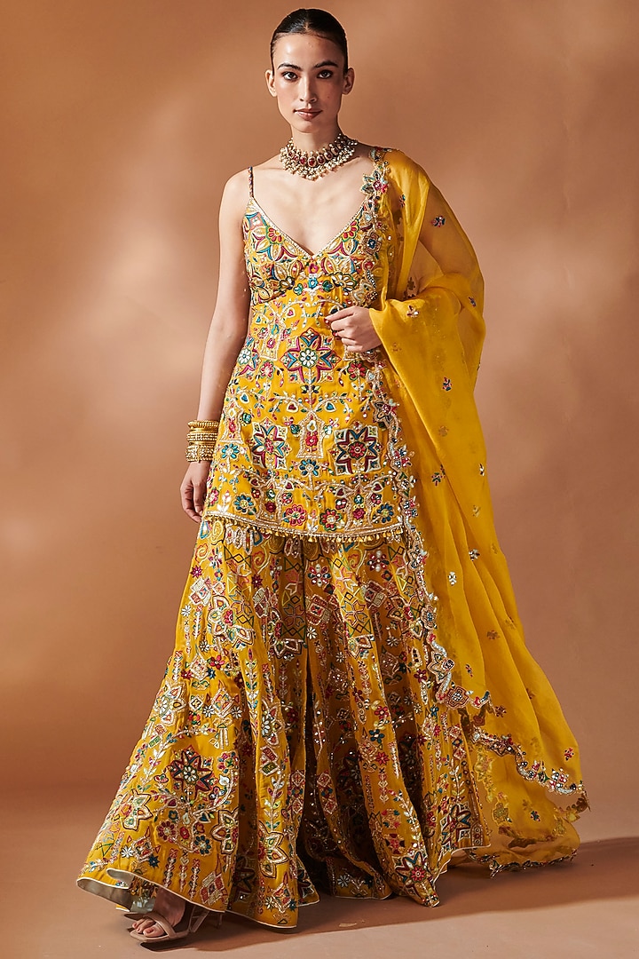 Mustard Georgette Resham Embroidered Bridal Sharara Set by Tamanna Punjabi Kapoor at Pernia's Pop Up Shop