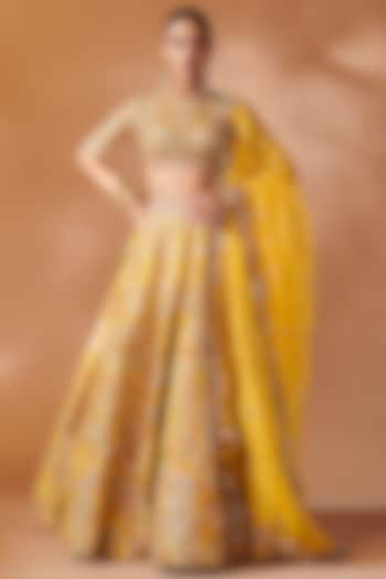 Mustard Chanderi Gota Embroidered Bridal Lehenga Set by Tamanna Punjabi Kapoor at Pernia's Pop Up Shop