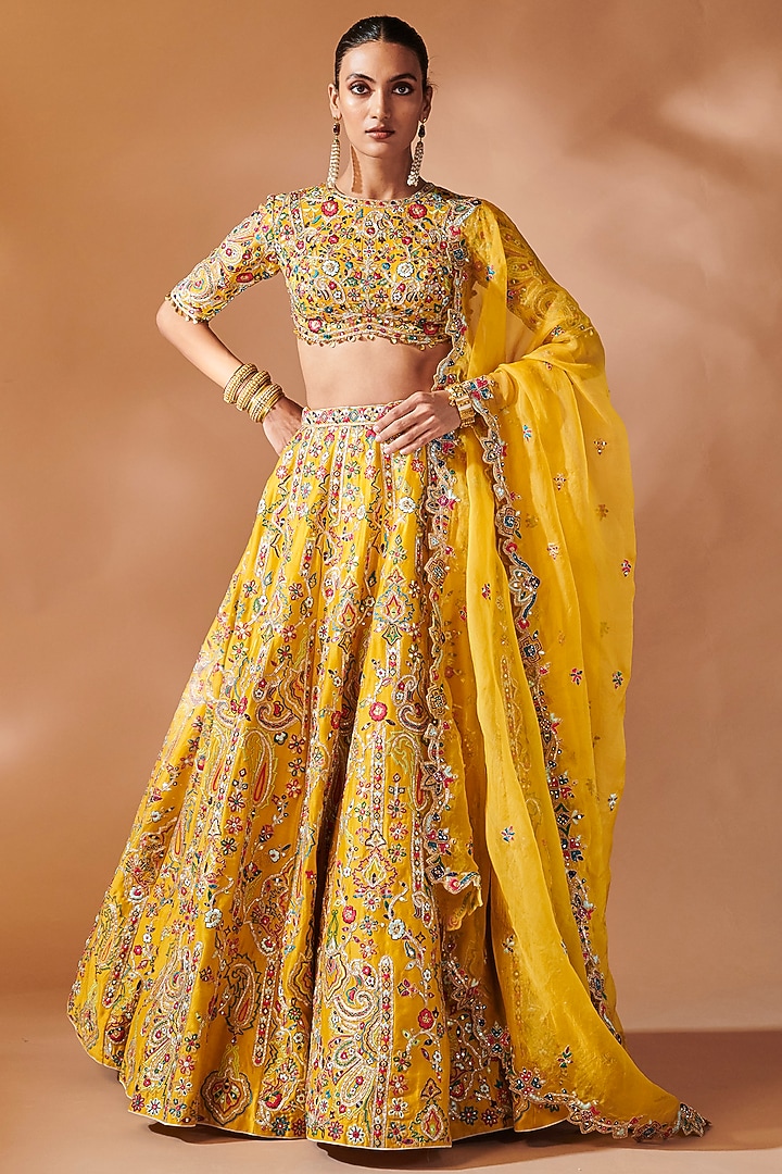 Mustard Chanderi Gota Embroidered Bridal Lehenga Set by Tamanna Punjabi Kapoor at Pernia's Pop Up Shop