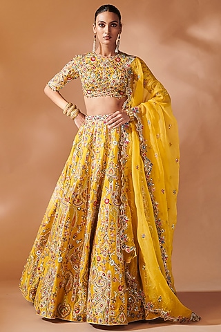 Mustard Chanderi Gota Embroidered Lehenga Set by Tamanna Punjabi Kapoor