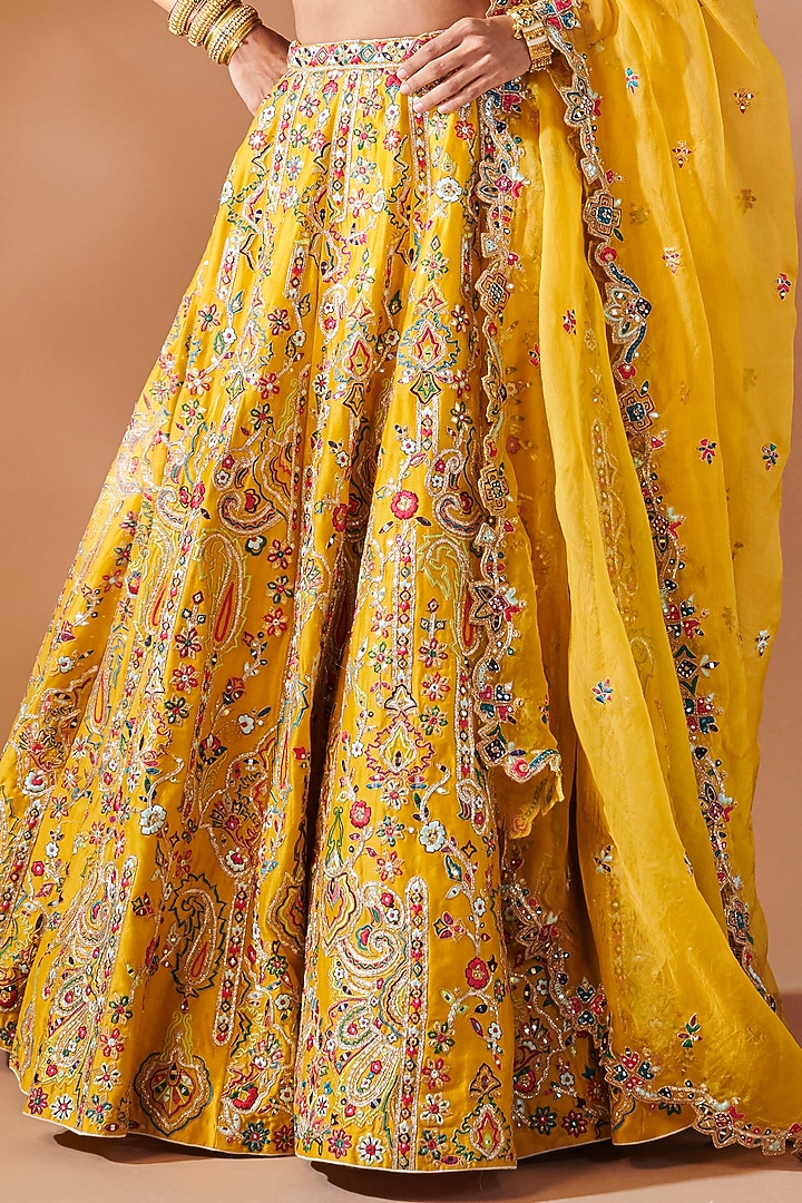 Mustard Chanderi Gota Embroidered Bridal Lehenga Set by Tamanna Punjabi Kapoor at Pernia's Pop Up Shop