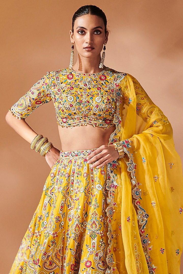 Mustard Chanderi Gota Embroidered Bridal Lehenga Set by Tamanna Punjabi Kapoor at Pernia's Pop Up Shop