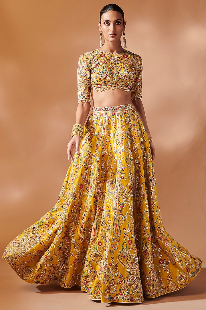 Mustard Chanderi Gota Embroidered Bridal Lehenga Set by Tamanna Punjabi Kapoor at Pernia's Pop Up Shop
