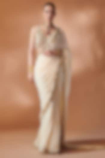 Ivory & Gold Georgette Cutwork Embroidered Pre-Stitched Reception Saree Set by Tamanna Punjabi Kapoor at Pernia's Pop Up Shop