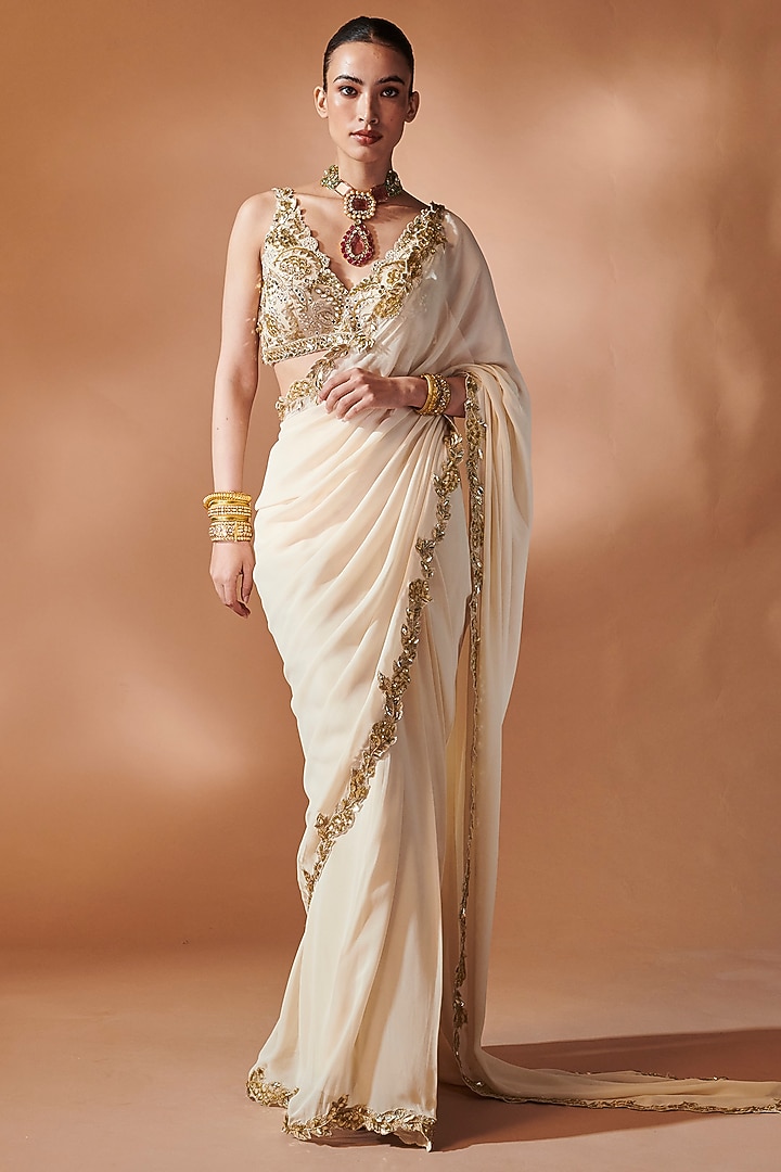 Ivory & Gold Georgette Cutwork Embroidered Pre-Stitched Reception Saree Set by Tamanna Punjabi Kapoor at Pernia's Pop Up Shop