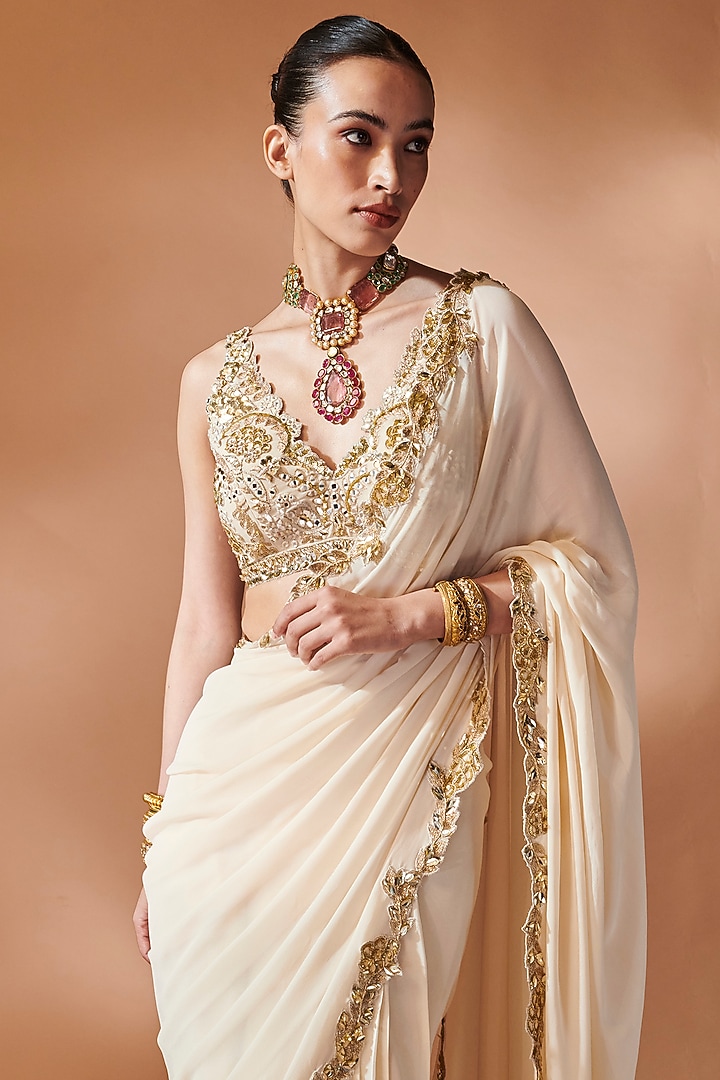 Ivory & Gold Georgette Cutwork Embroidered Pre-Stitched Reception Saree Set by Tamanna Punjabi Kapoor at Pernia's Pop Up Shop