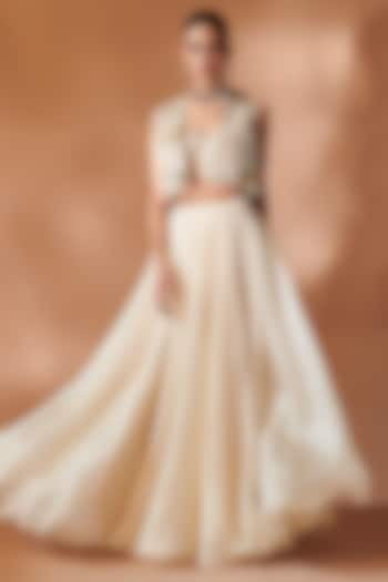 Ivory Raw Silk Gold Embroidered Jacket Set by Tamanna Punjabi Kapoor at Pernia's Pop Up Shop