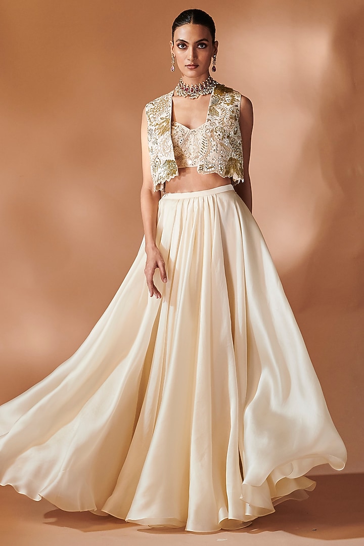 Ivory Raw Silk Gold Embroidered Jacket Set by Tamanna Punjabi Kapoor at Pernia's Pop Up Shop