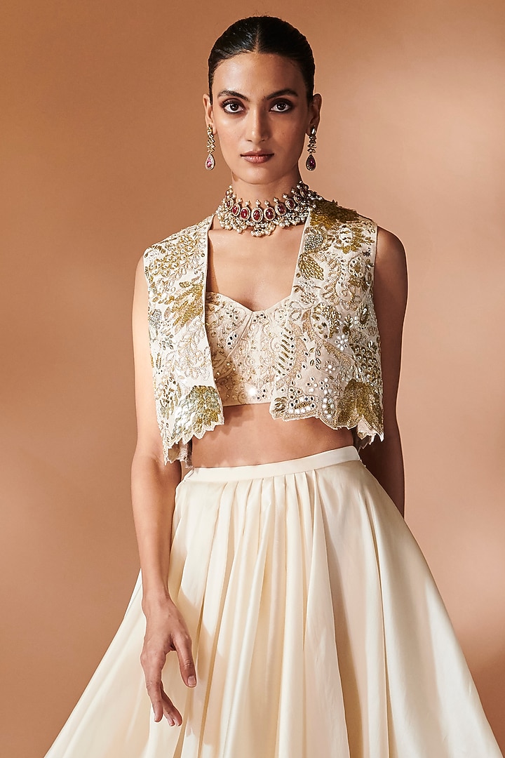 Ivory Raw Silk Gold Embroidered Jacket Set by Tamanna Punjabi Kapoor at Pernia's Pop Up Shop