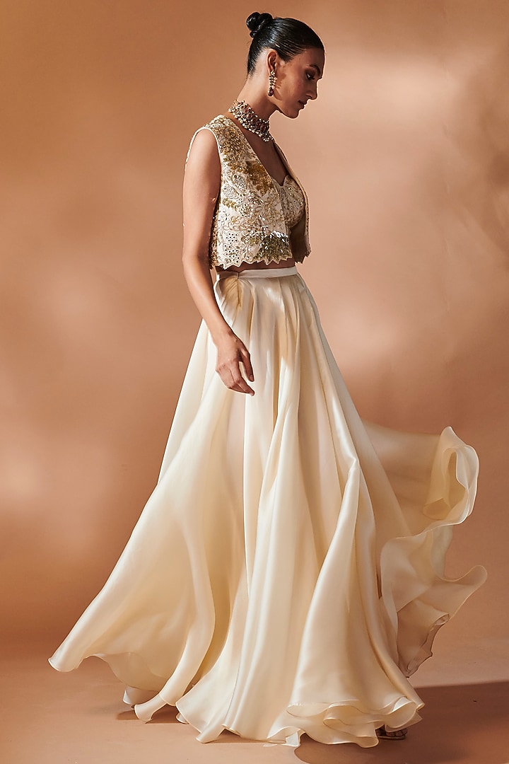 Ivory Raw Silk Gold Embroidered Jacket Set by Tamanna Punjabi Kapoor at Pernia's Pop Up Shop