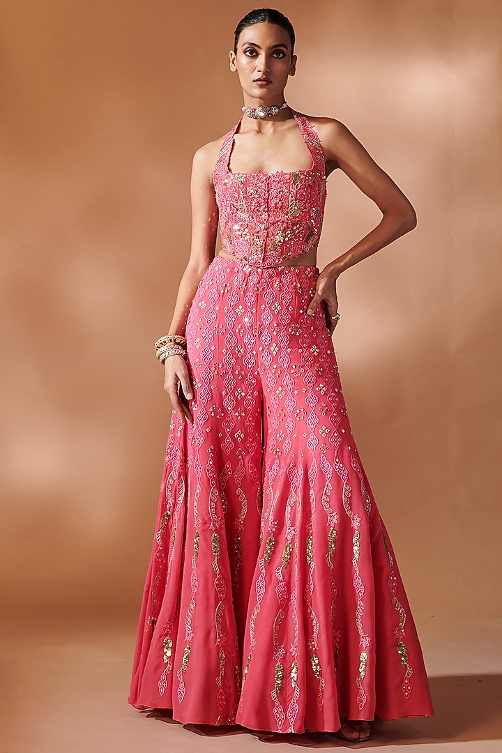 Pink Georgette Mirror Embroidered Bridal Sharara Set by Tamanna Punjabi Kapoor at Pernia's Pop Up Shop