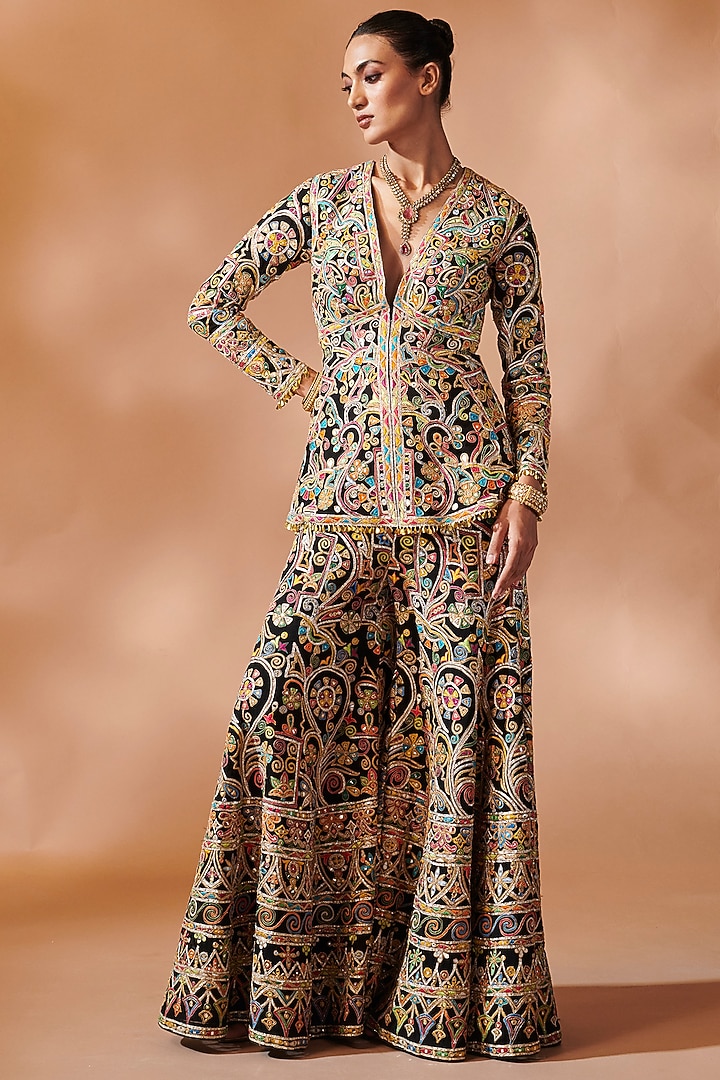 Black Georgette Resham Embroidered Bridal Sharara Set by Tamanna Punjabi Kapoor at Pernia's Pop Up Shop