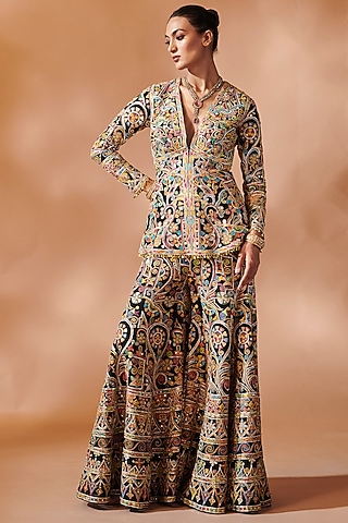 Black Georgette Resham Embroidered Sharara Set by Tamanna Punjabi Kapoor