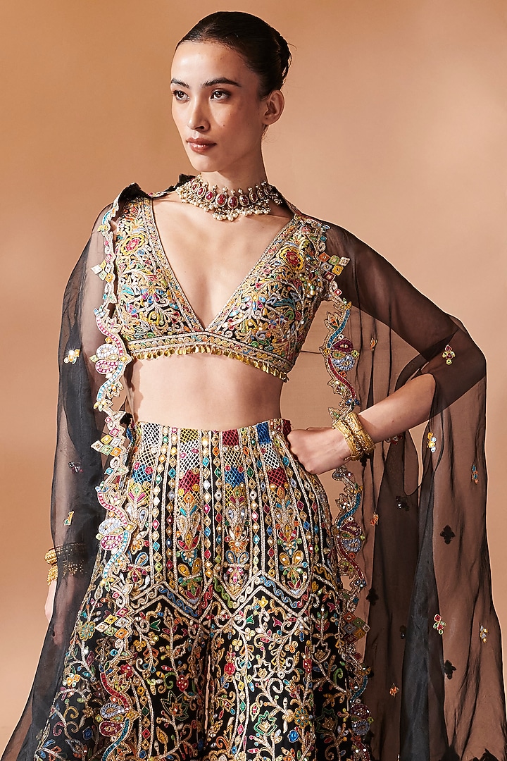 Black Georgette Resham Embroidered Cape Set by Tamanna Punjabi Kapoor at Pernia's Pop Up Shop