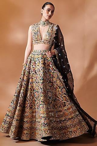 Black Chanderi Gota Embroidered Lehenga Set by Tamanna Punjabi Kapoor