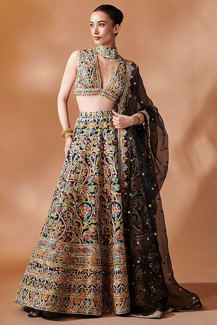 Black Chanderi Gota Embroidered Bridal Lehenga Set by Tamanna Punjabi Kapoor at Pernia's Pop Up Shop