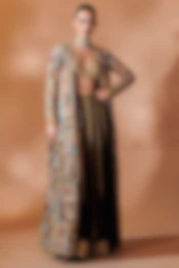 Black Georgette Resham Embroidered Jacket Set by Tamanna Punjabi Kapoor at Pernia's Pop Up Shop