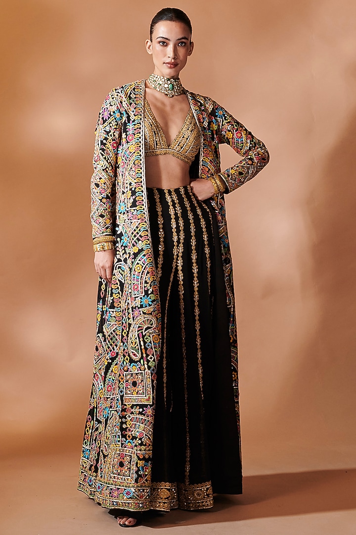 Black Georgette Resham Embroidered Jacket Set by Tamanna Punjabi Kapoor at Pernia's Pop Up Shop